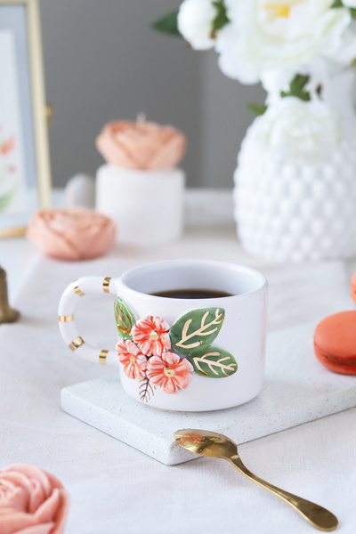 ada mia seramik Handmade Flower Figured 24K Gold Decorated Ceramic Mug 200ml