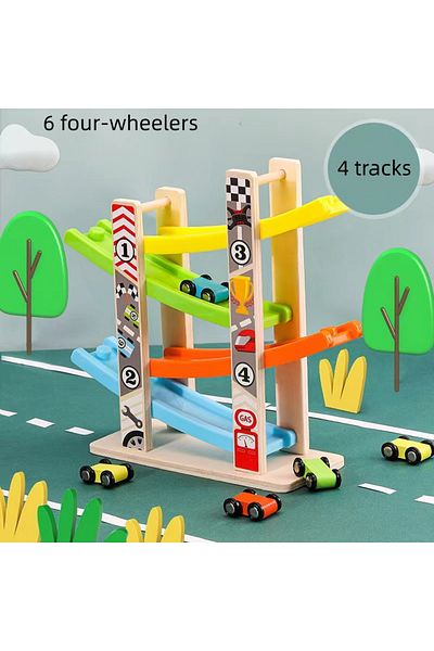 Choice 4 tracks Children's Educational Track 4-Layer Wooden Gliding Car Coasting Racing Car Slide Racing Fu