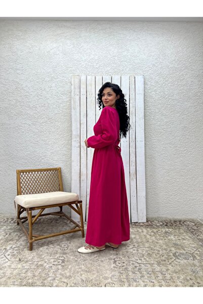 KÜÇÜĞÜM BUTİK Hijab Fuchsia Muslin Gathered Waist Dress