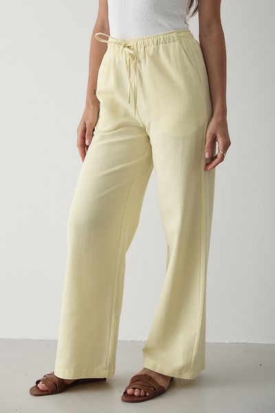 JASTE Women's Yellow Elastic Waist Wide Leg Palazzo Linen Trousers