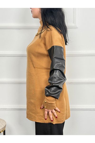 RACE FASHİON Necklace Detailed Sleeve Part Leather Knitwear Sweater Rc8205