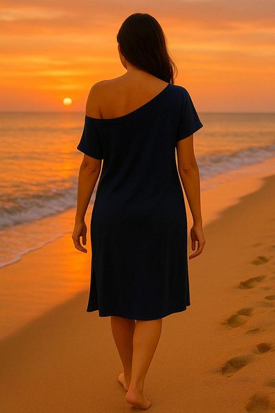 Hayalet Off Shoulder Slit Oversize Combed Cotton Tunic Loose Dress