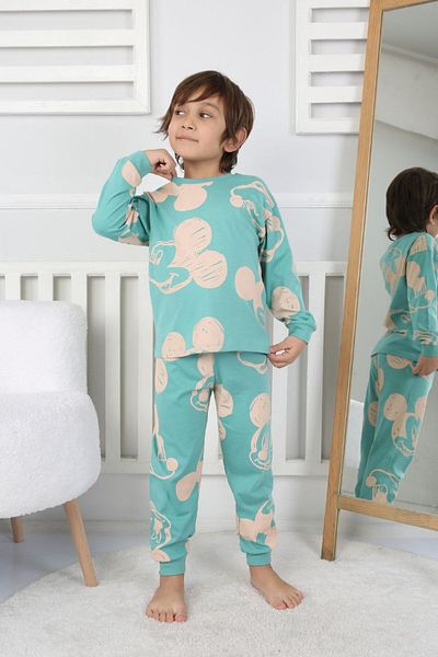 İsobel Kids 100% Cotton Turquoise Color Miki Print Boy's Pajama Set
