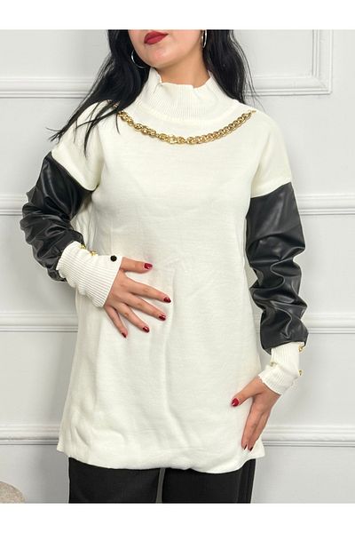RACE FASHİON Necklace Detailed Sleeve Part Leather Knitwear Sweater Rc8205