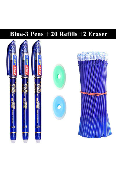 Choice مجموعة زرقاء مكونة من 3 أقلام جل قابلة للمسح، 20 قلمًا بديلًا، 2 ممحاة قابلة لإعادة الاستخدام للكتابة والرسم مع إعادة تعبئة