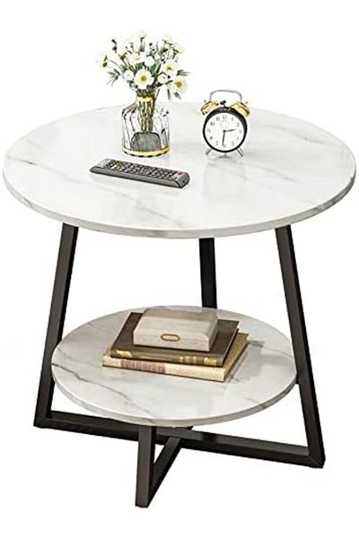 Generic Round Coffee Table, Double Layer Sofa Side Table End Table, Imitation Marble Coffee Round Table Snac