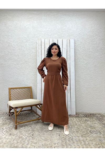 KÜÇÜĞÜM BUTİK Hijab Brown Muslin Gathered Waist Dress