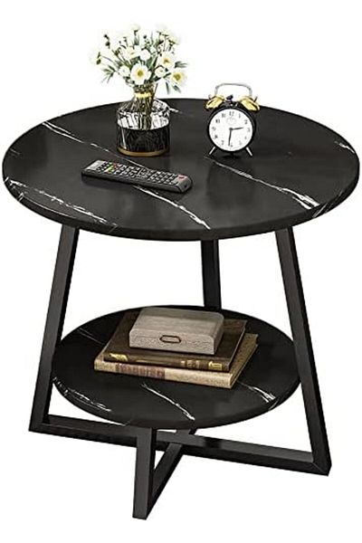 Generic Round Coffee Table, Double Layer Sofa Side Table End Table, Imitation Marble Coffee Round Table Snac