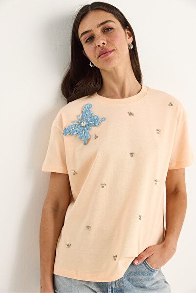 Bianco Lucci Női pillangós kiegészítők, kővel hímzett rövid ujjú póló 60602036