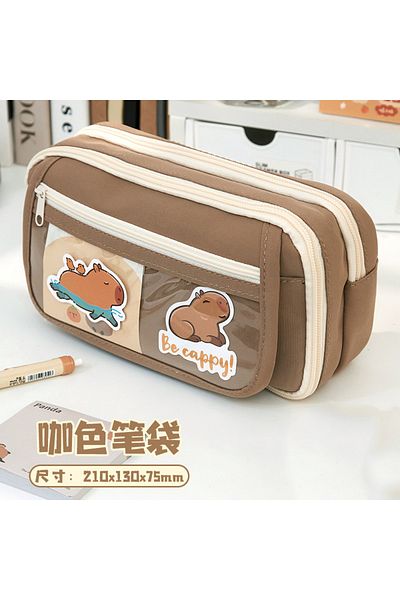 Choice Brown 9-layer Large Capacity Pencil Case with Transparent Compartment and Magnetic Button Flip for R