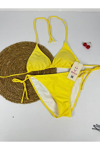 FUNELLA Yellow Halter and Side Tie Lycra Stylish Women's Bikini Set