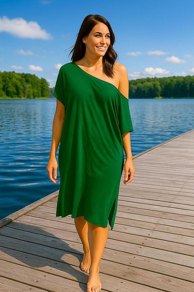 Hayalet Off Shoulder Slit Oversize Combed Cotton Tunic Loose Dress