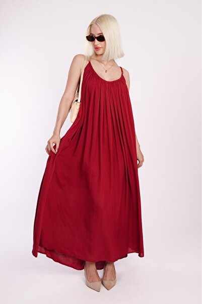 Madmext Bordo Halter Yaka Askılı Uzun Basic Kadın Elbise MG2163