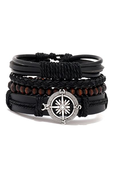 Choice 38 4Pcs/ Set Braided Wrap Leather Bracelets for Men Vintage Life Tree Rudder Charm Wood Beads Ethnic