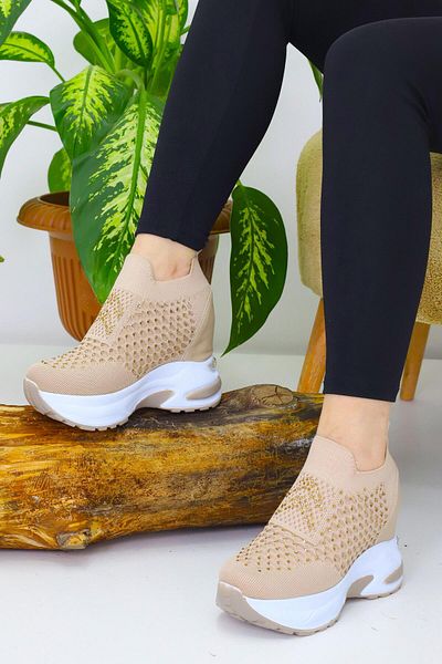 Weynes Women's Beige Stone Mesh Hidden Heel Shoes Wsb4078