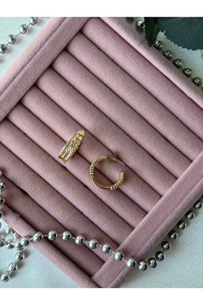 JEWELRY Özel Seri Altın Renkli 3 Sıralı Yuvarlak Halkalı Zirkon Taşlı Rodyum Kaplama VIP Küpe