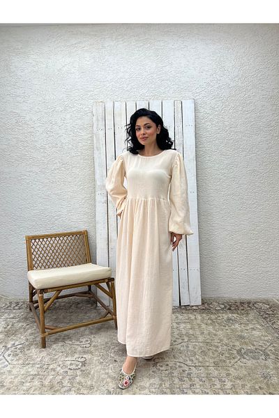KÜÇÜĞÜM BUTİK Hijab Cream Muslin Gathered Waist Dress