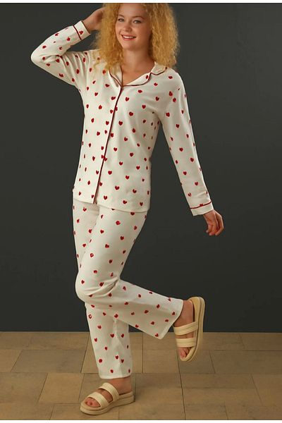 GLİSA IŞILAY Cotton Women's Milan Fabric Heart Patterned Button Pajama Set