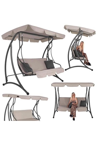 SERSIMO Garden swing 190x115x176 cm, for 3 people, adjustable canopy, cushions included, beige