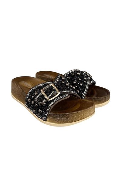 Esem Stone Bead Embroidered Buckle Anatomical Sole Slippers