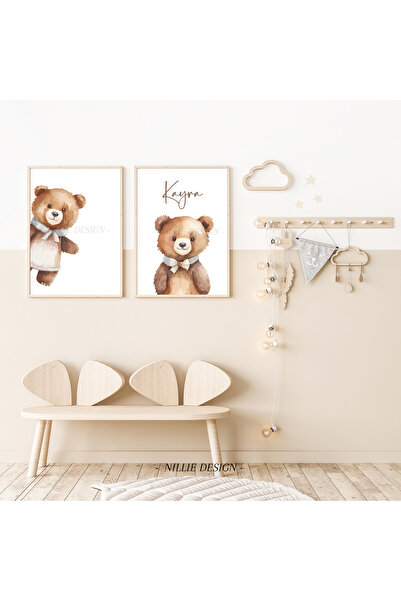 NILLIE DESIGN Kahverengi Ayıcıklı 2'li İsimli Tablo, Doğal Ahşap Çerçeveli Be...
