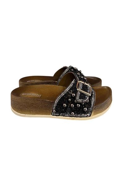 Esem Stone Bead Embroidered Buckle Anatomical Sole Slippers