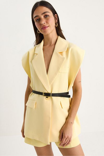 Bianco Lucci Women's Pocket Detailed Belted Padded Oversize Lined Blazer Vest 11143 60281003