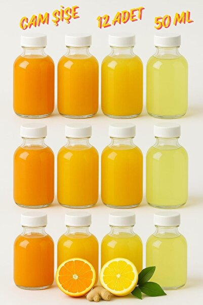 ZYLAN AMBALAJ 50 ml Şeffaf Cam Mini Ginger Şişesi, 12 Adet, Detox Şişesi, Sız...