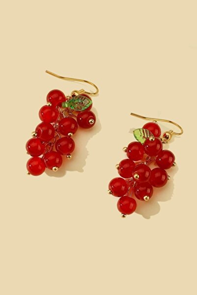 JEWELRY Kırmızı Üzüm Salkımı Sallantılı Çelik Küpe