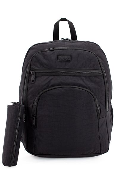 KAFF Unisex Black 01101-Set Crinkle Fabric Waterproof School Travel Sports Daily Backpack with Pen Holder
