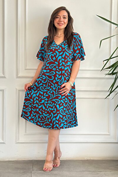 Yağmur Butik Melek Kol V Yaka Desenli Viscon Elbise