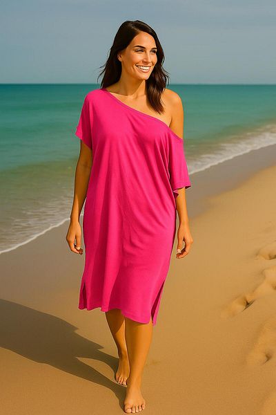 Hayalet Off Shoulder Slit Oversize Combed Cotton Tunic Loose Dress