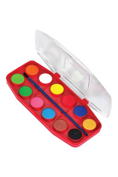Fatih Watercolors with Brush, 12 Colors, Diameter of the Brush 24 mm, Painting Colors