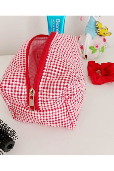 Mufincollection Red and White Plaid - Cotton Makeup Bag – 20X10 cm