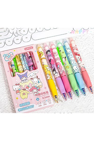 Miniso 1set 6pcs Kawaii Children Gel Pen Hello Kitty Cartoon Kuromi ST Erasable Black 0.5mm Press The Ballp
