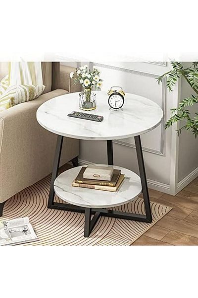 Generic Round Coffee Table, Double Layer Sofa Side Table End Table, Imitation Marble Coffee Round Table Snac
