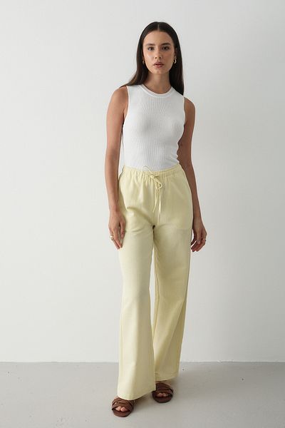 JASTE Women's Yellow Elastic Waist Wide Leg Palazzo Linen Trousers