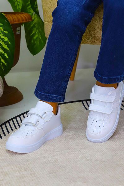 Weynes Pantofi sport casual pentru copii, albi, cu 2 dungi, cu velcro, WSB4074
