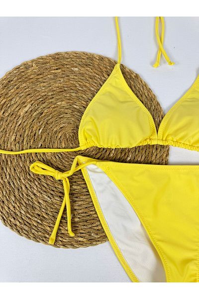 FUNELLA Yellow Halter and Side Tie Lycra Stylish Women's Bikini Set