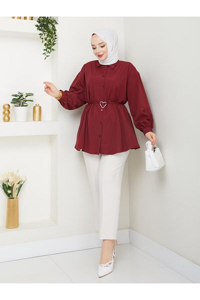 exxitcollection Women's Hijab Long Burgundy T-Shirt Belted Tunic Shirt