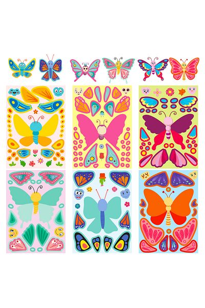 Choice 6PCS 6Sheets Cute Children DIY Puzzle Sticker Games 6 Butterfly Make A Face Funny Assemble Jigsaw St