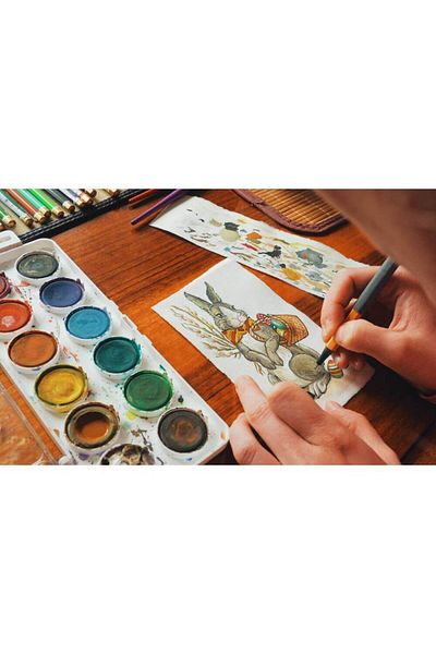 daço Daco Watercolors with Brush, Model Albu Black, 12 Colors with High Pigment Content