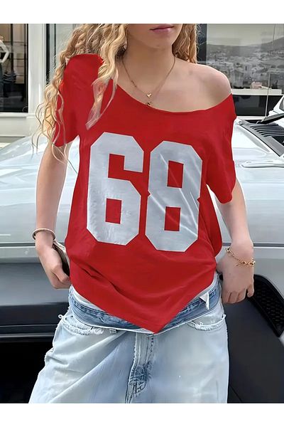 Keywest Women's Boat Neck 68 Printed Oversize 100% Cotton T-Shirt