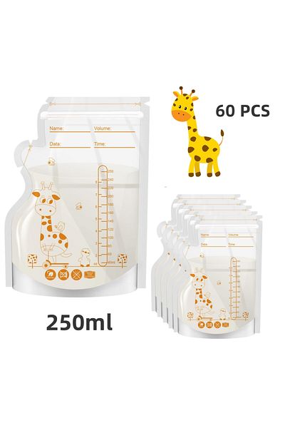 Choice1 60pcs PE Giraffe Breast Milk Storage Bags, 250ML 30pcs/60 pcs per Pack, Pre-Stick Labels, BPA Free,