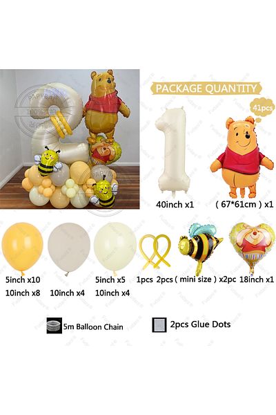 Miniso 40inch Number-1 41pcs Disney Winnie The Pooh Theme Red Foil Number Balloons Set Kids Happy Birthday