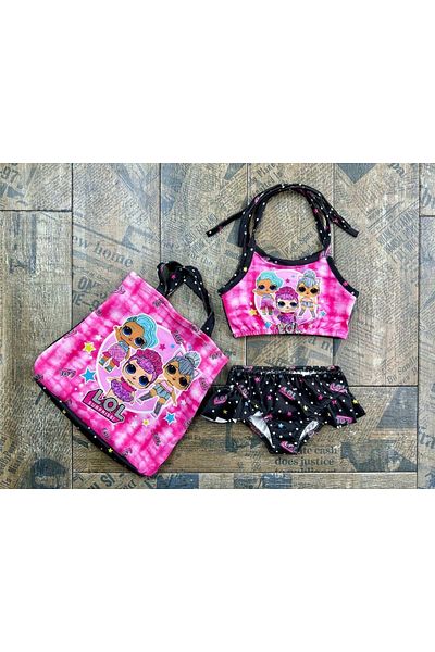 MİNİ İNOWESTA KİDS Girl's Lol Baby Patterned Swimsuit Bikini Set with Bag 3 Pieces