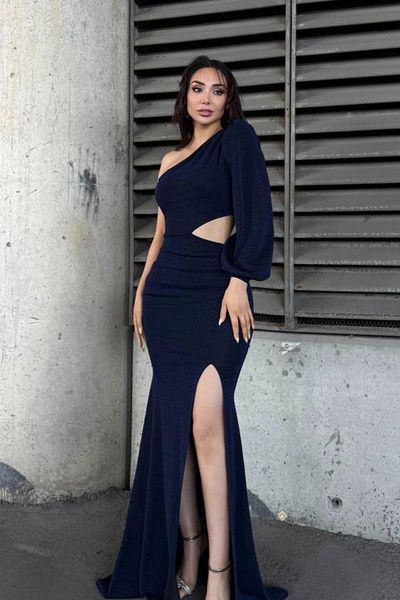 Mossta One Sleeve Waist Low-Cut Slit Glitter Evening Dress - Navy Blue