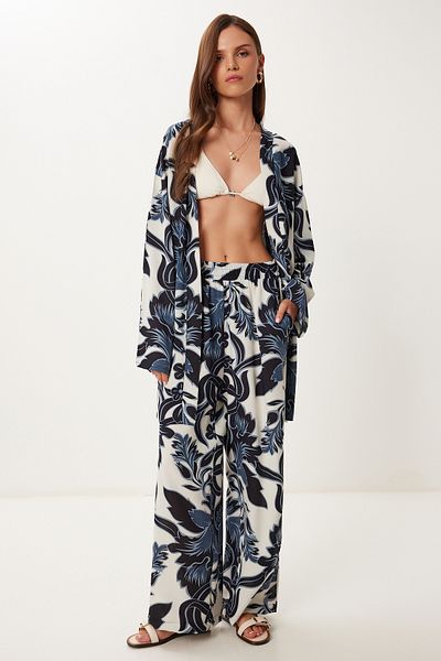 Lovelyİstanbul Patterned Summer Viscose Kimono Pants Set Smoked Bone Lje0003