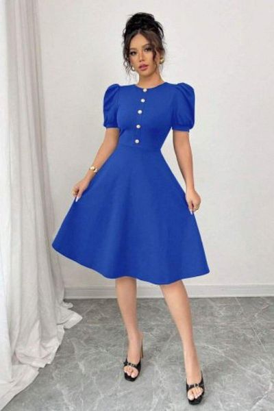 Mossta Front Button Balloon Sleeve Midi Crepe Dress - Saks