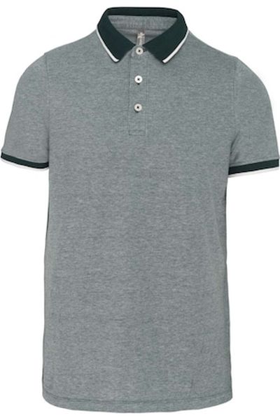 OEM Tricou polo pentru bărbați, tip piqué, bumbac, dungi verzi la mâneci și guler, gri, M